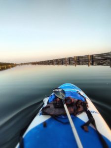 Standup Paddle Board SUP auf dem Großen Goitzschesee. Ausblick nach vorne mit zu einem Bootsanleger zur Abendzeit.