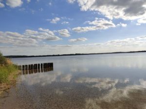 Strand mit Pfosten & spiegelglattes Wasser